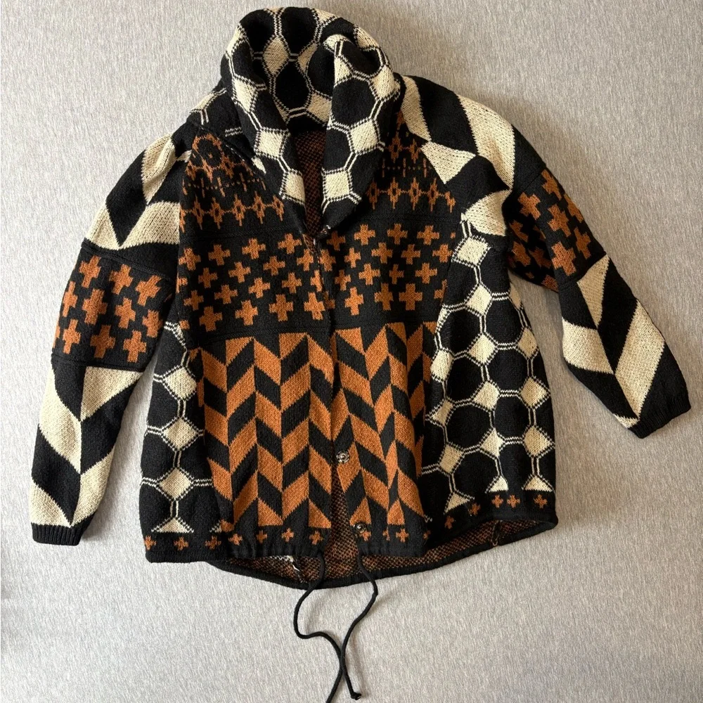 Mixed Geometric Knit Shawl Collar Cardigan Sweater - Picture 1 of 3